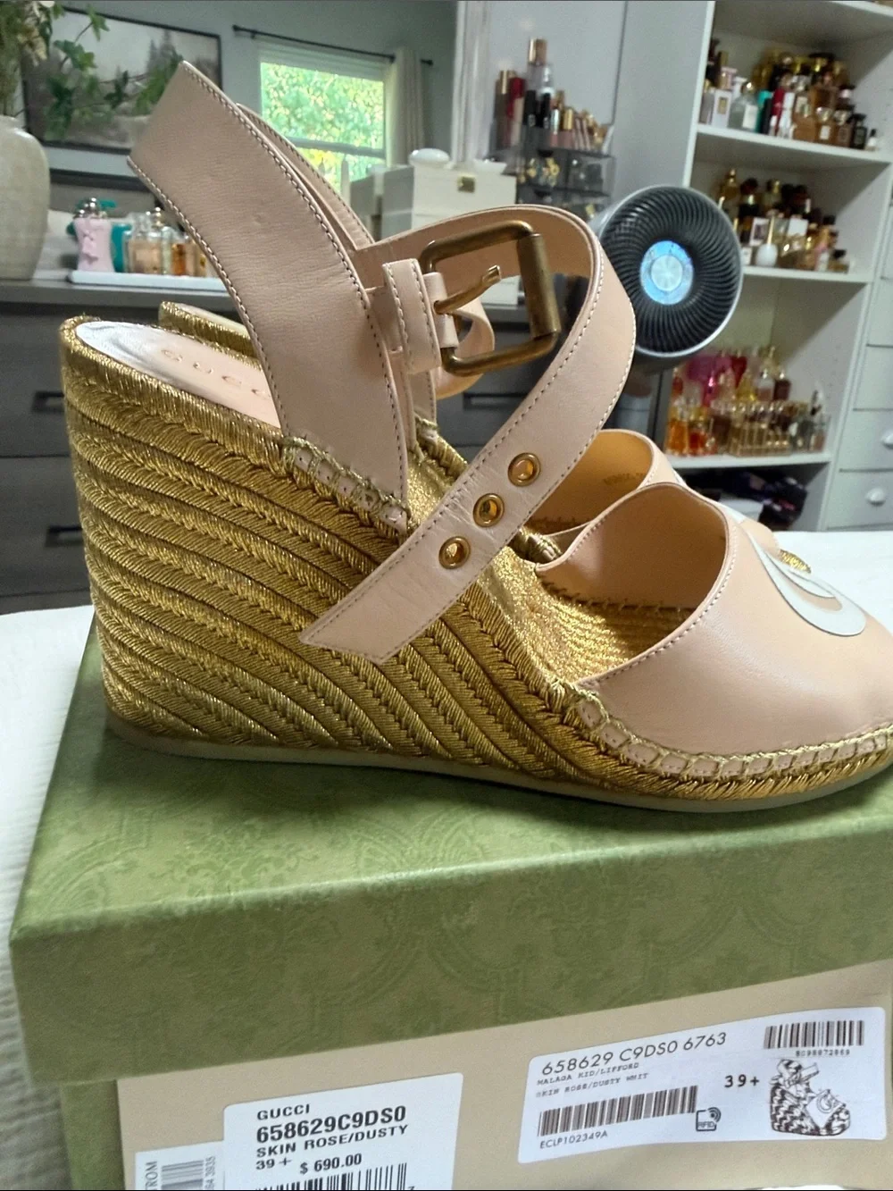 Gucci Pink Leather GG Espadrille Wedge Sandals with Gold Rope Platform